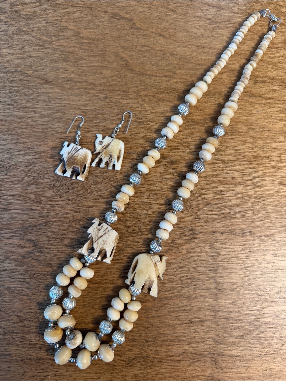 Vintage Carved Bone Elephant beaded Necklace earrings set